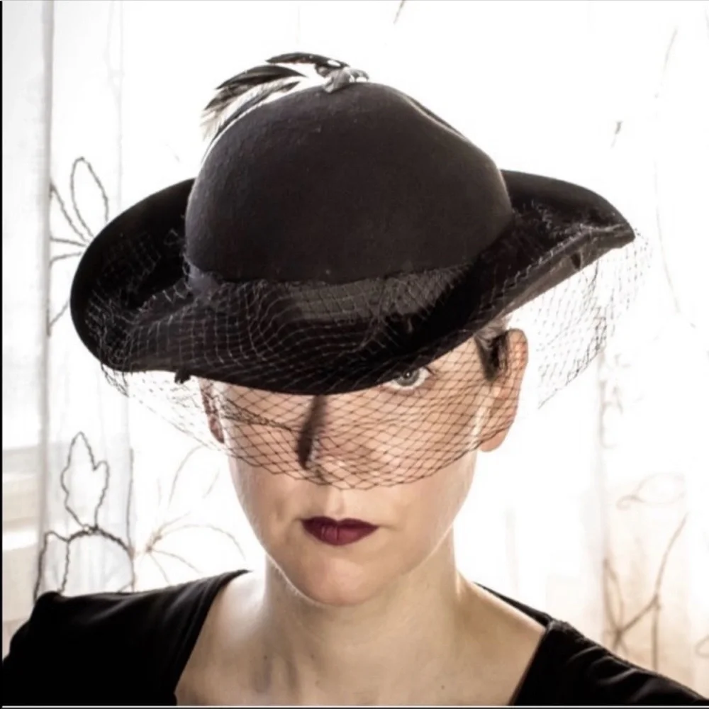 VTG Black Wool Victorian Hat Birdcage Dot Veil Bow - Picture 2 of 14